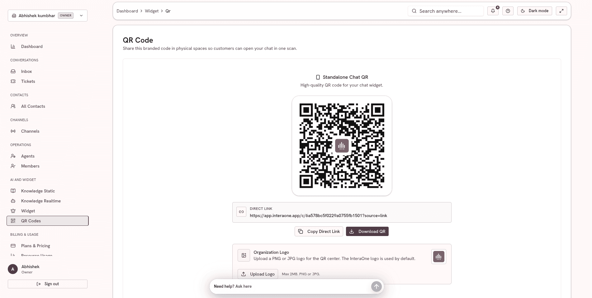 InteraOne standalone support QR screen with a direct link, QR download, and organization logo controls